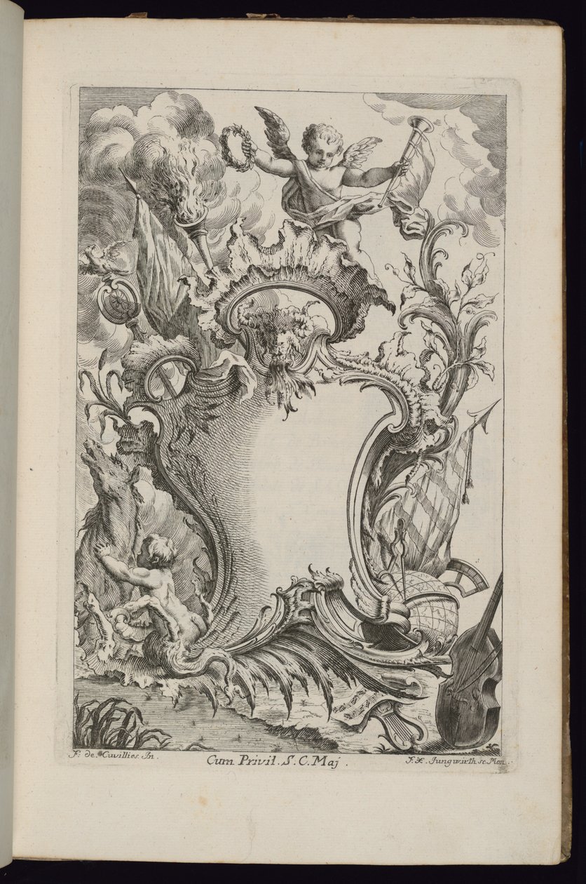 Cartiglio con un genio, Livre de Cartouches à divers usages (Libro di cartigli per diversi usi) da François de Cuvilliés the Elder
