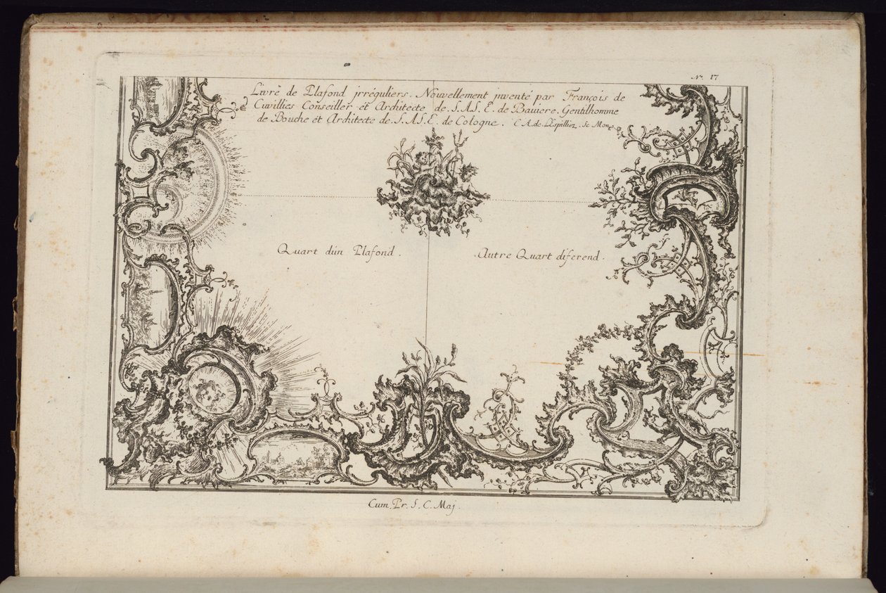 Due quarti di un soffitto, Nouveau Livre de Plafonds Irréguliers (Nuovo libro di soffitti irregolari) da François de Cuvilliés the Elder