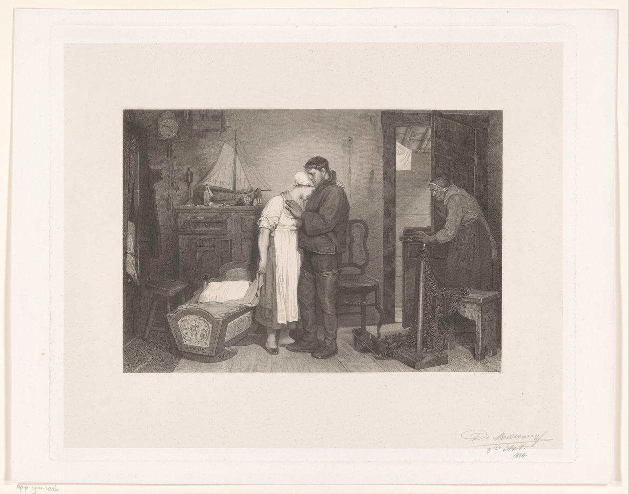 Interno di pescatori con coppia in lutto vicino a una culla vuota da François de Meersman (signed by artist)
