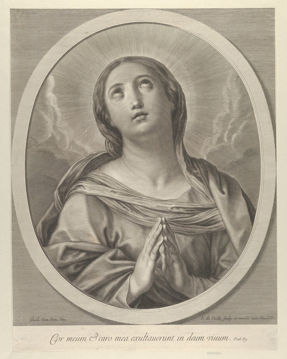 La Vergine in preghiera, guardando in alto con nuvole dietro di lei, in una cornice ovale, dopo Reni da François de Poilly