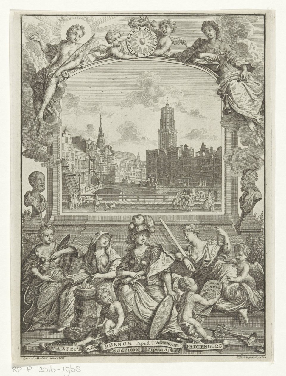 Veduta della città con la Cattedrale di Utrecht e allegoria con Minerva e virtù da François van Bleyswijck