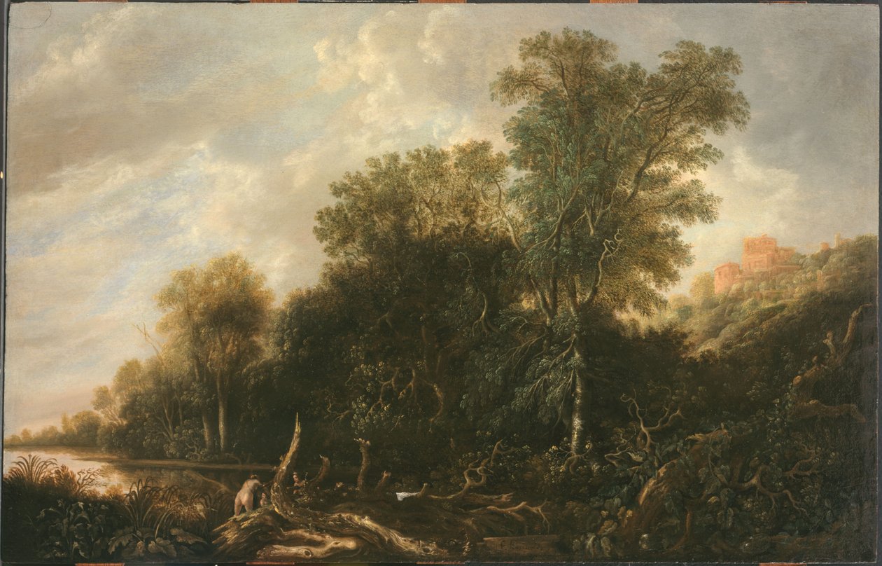 Paesaggio boscoso con donne che fanno il bagno da François van Knibbergen