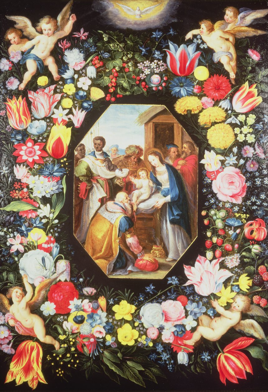 Adorazione dei Magi circondata da una ghirlanda di fiori da Frans II Francken the Younger