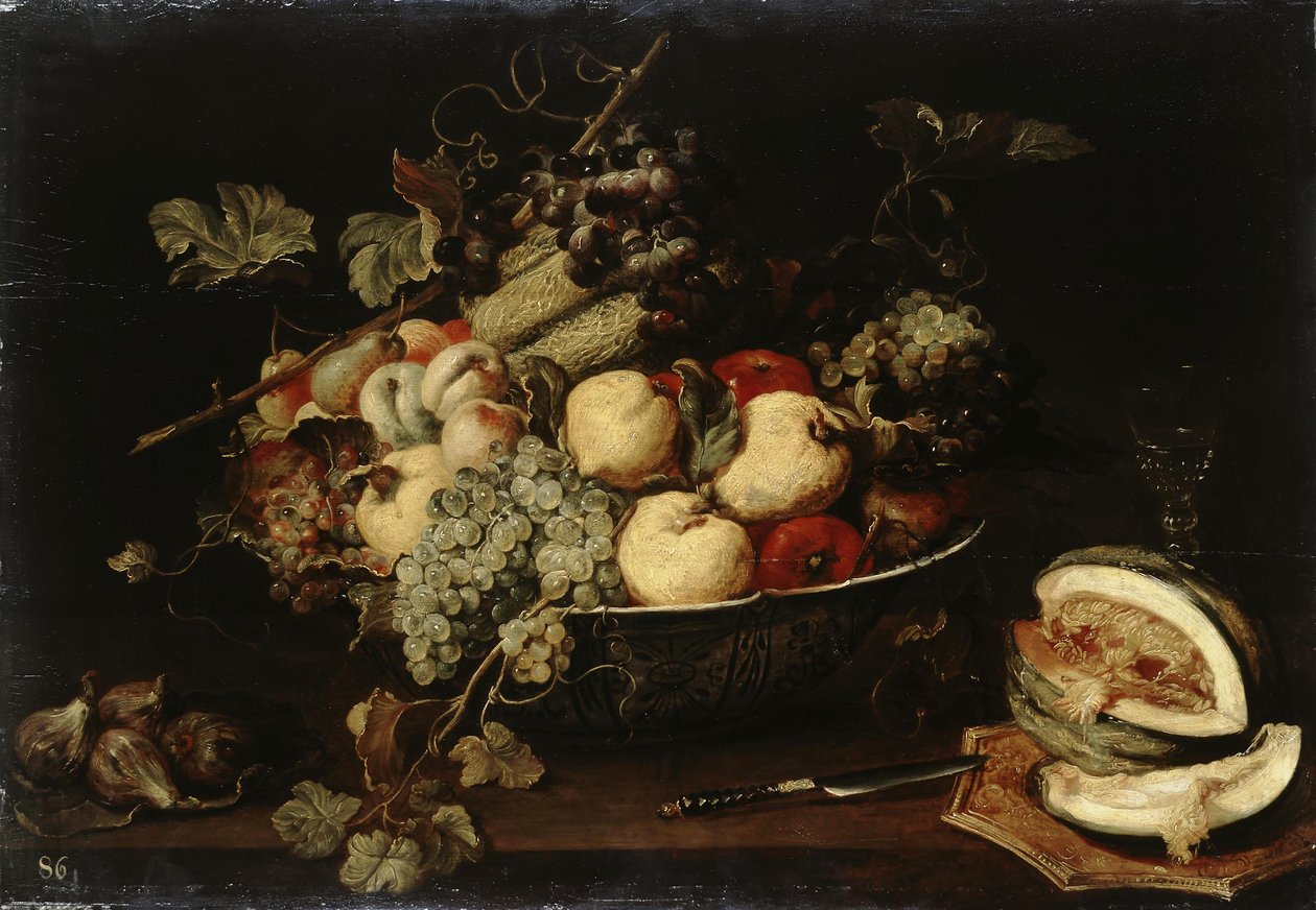 Frutta in una ciotola e un melone affettato da Frans Snyders or Snijders