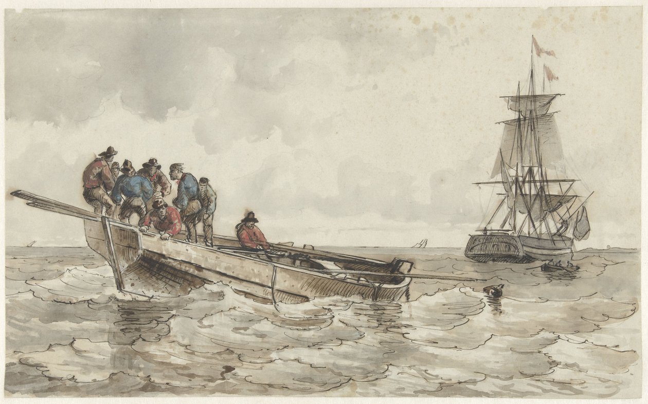 Otto uomini in una barca a remi vicino a una nave a vela da Frans Arnold Breuhaus de Groot