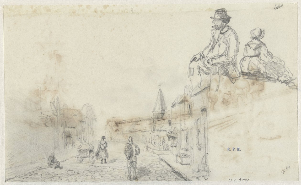 Schizzi di una strada e due persone sedute da Frans Arnold Breuhaus de Groot