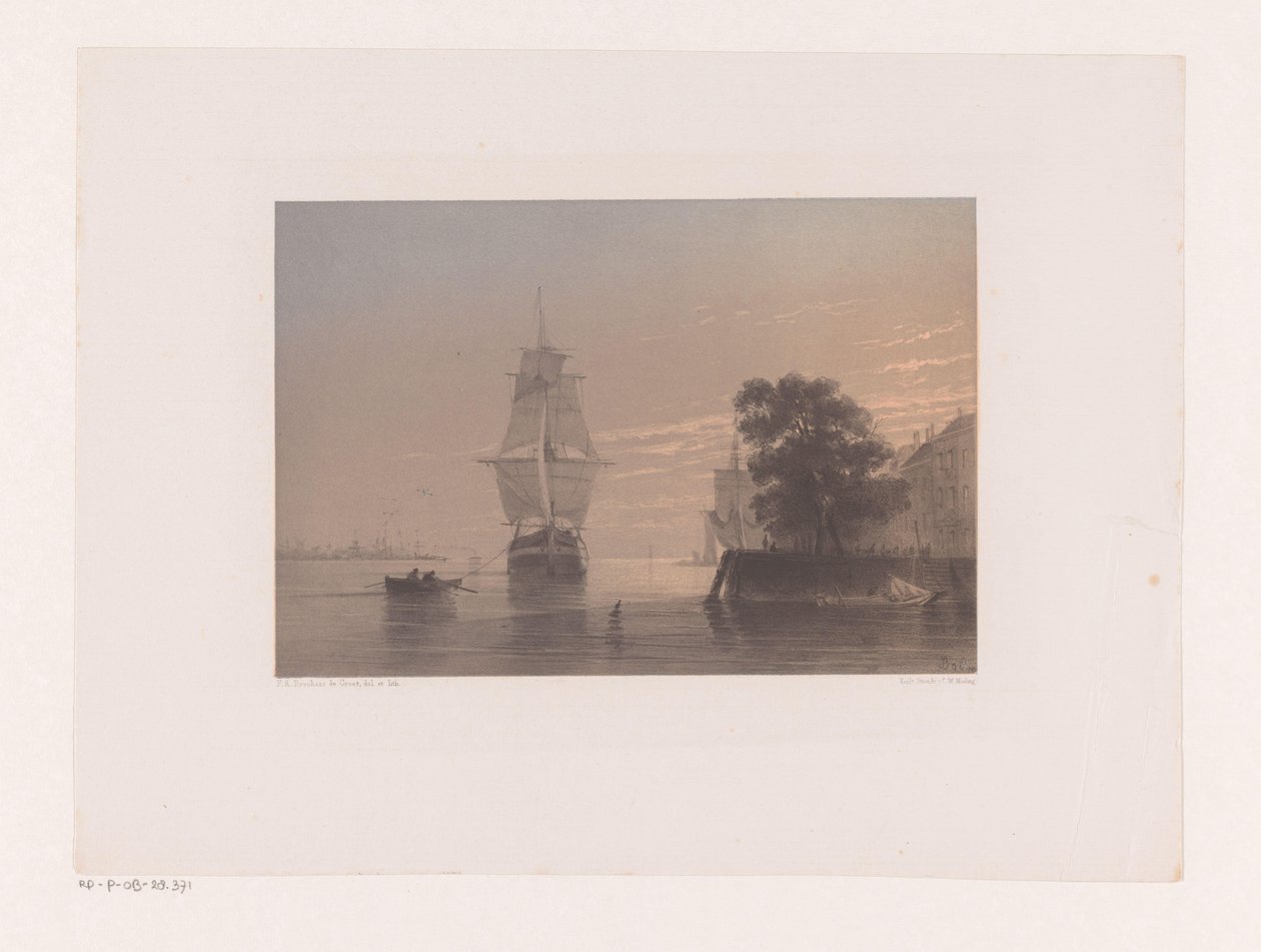 Barche a vela presso un molo al tramonto da Frans Arnold Breuhaus de Groot