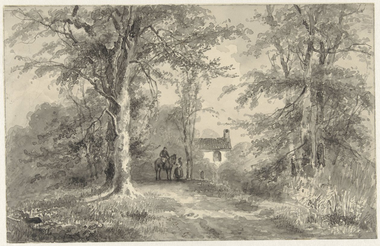 Strada tra alberi con cavaliere e donna da Frans Breuhaus de Groot