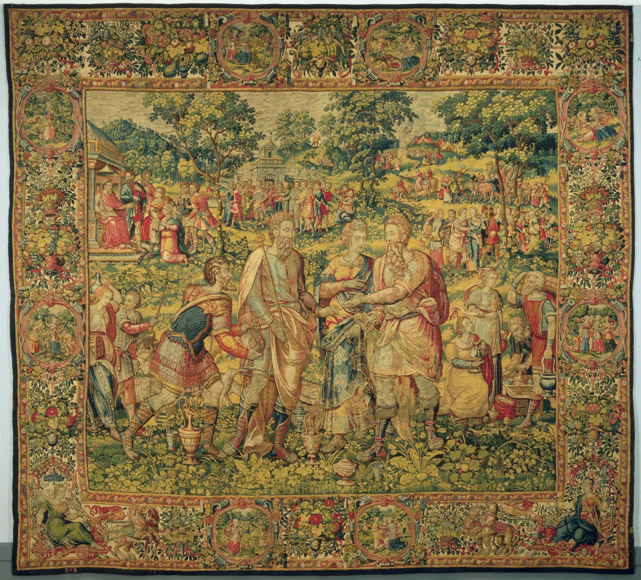 Il re Abimelech restituisce Sara a suo marito, Abramo, 1580 (arazzo, lana e seta) da Frans Geubels