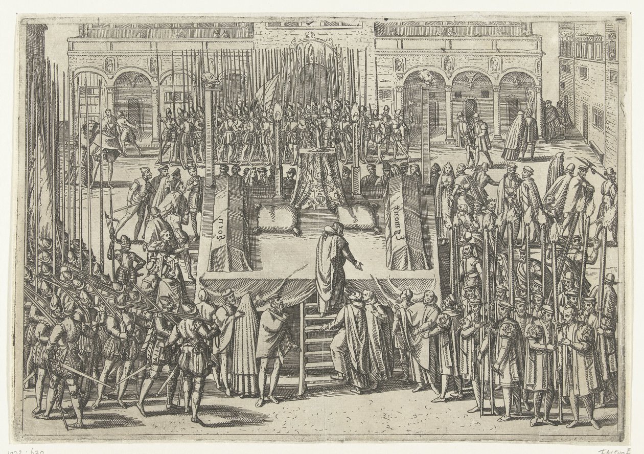 Il patibolo dopo la decapitazione di Egmond e Horne, 1568 da Frans Hogenberg (attributed to)