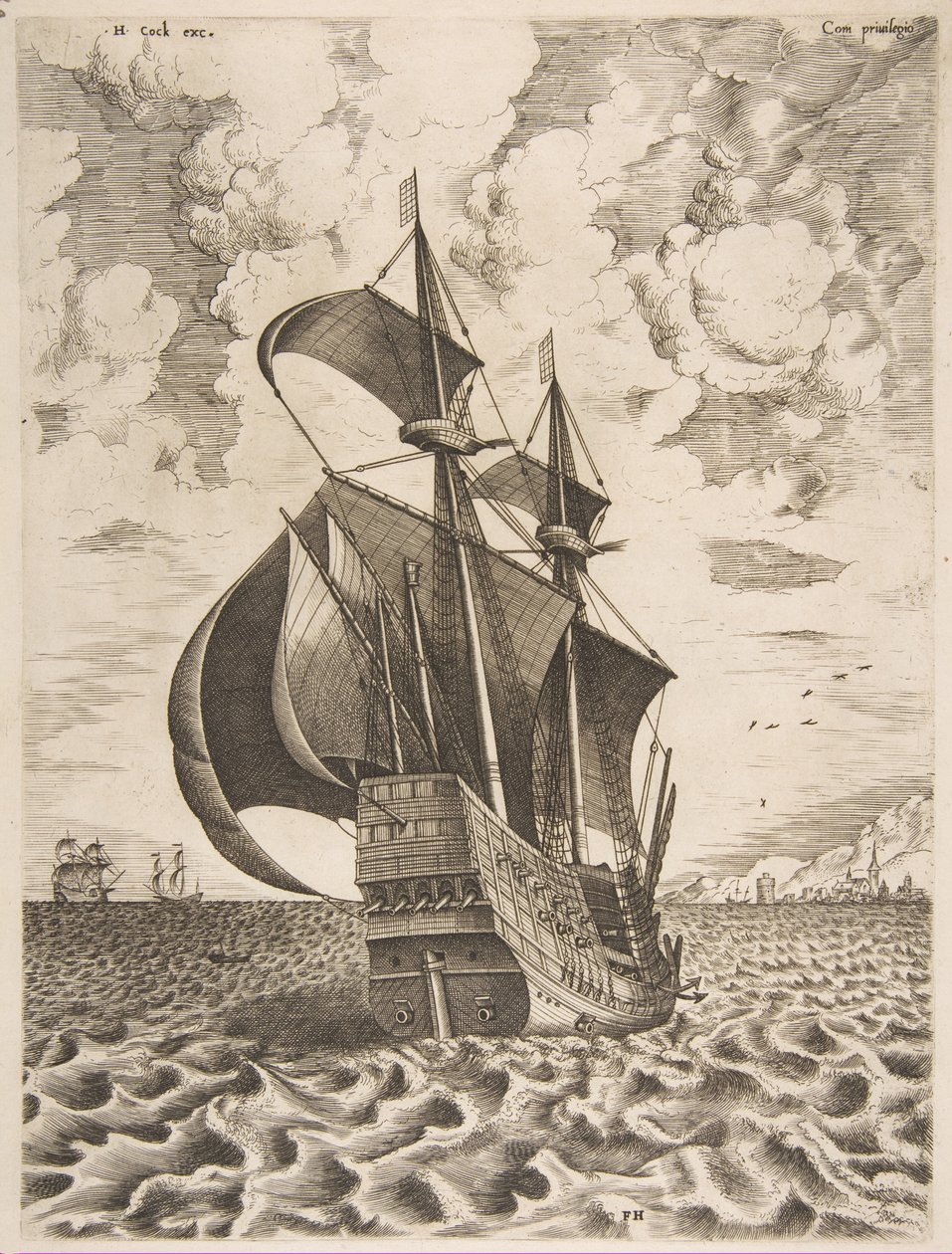 Quattro-mast armed che naviga verso un porto da The Sailing Vessels, 1561-65 da Frans Huys