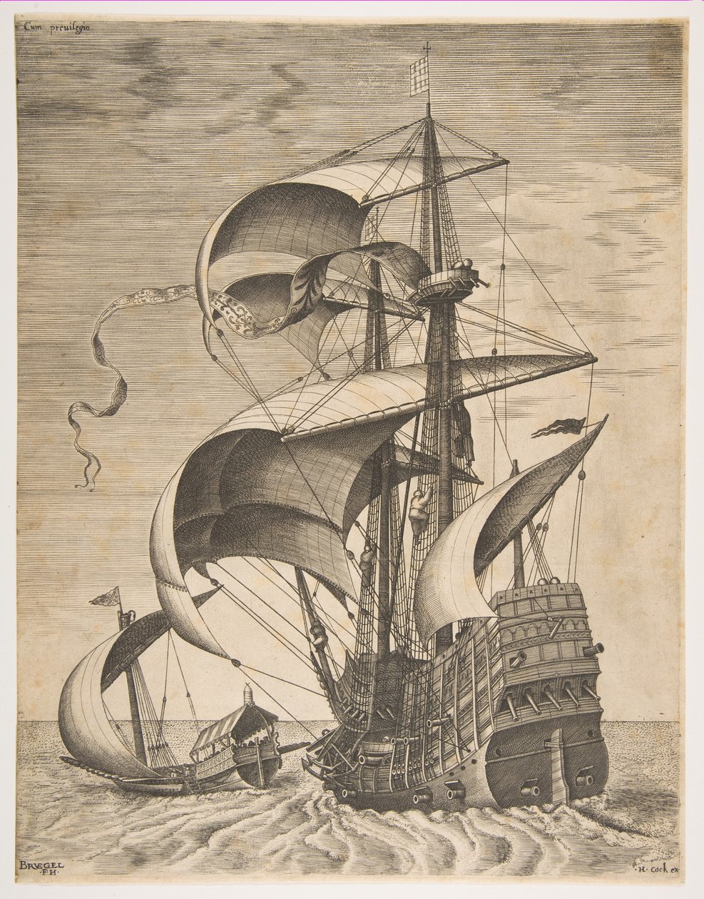 Tre-mast armedo in mare aperto accompagnato da una galea, dalla serie Sailing Ves..., 1561-65 da Frans Huys