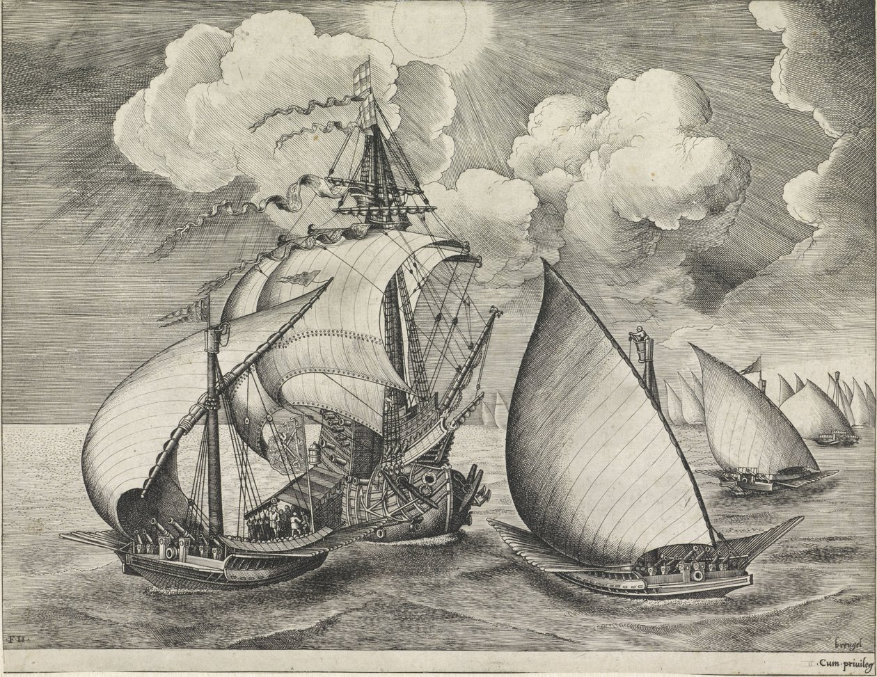 Una flotta di galee armate accompagnata da una nave da guerra (Navi a vela) da Frans Huys
