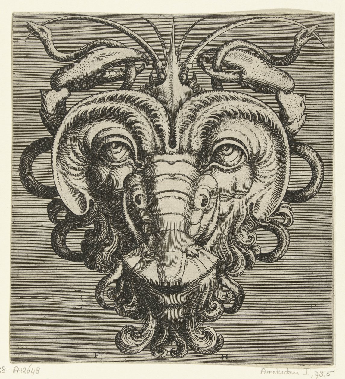 Maschera con due chele di aragosta che tengono serpenti da Frans Huys