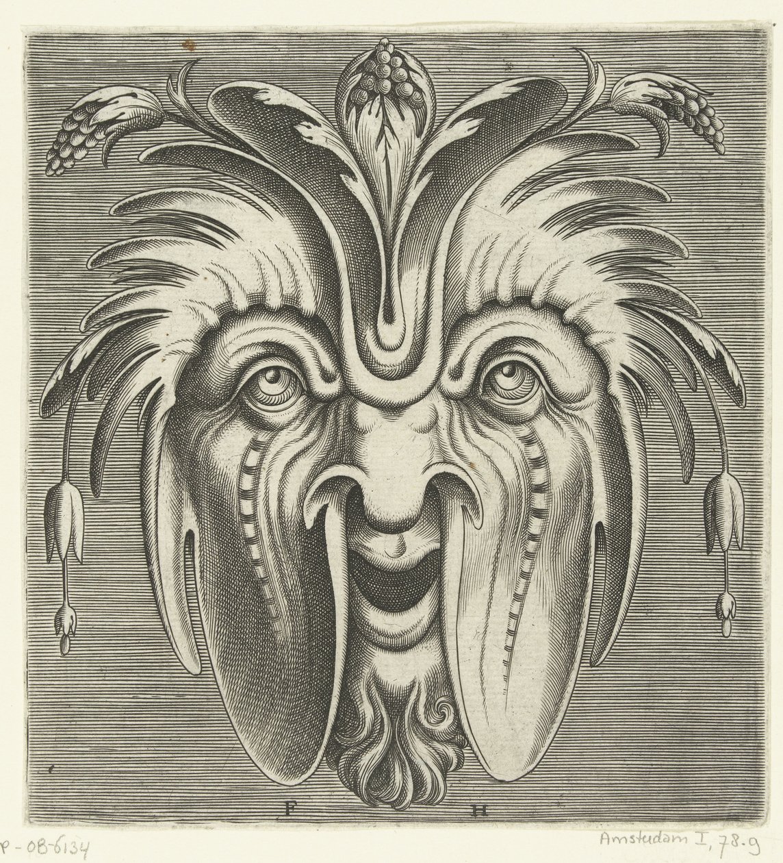 Maschera con guance cadenti e grappoli di bacche nei capelli da Frans Huys