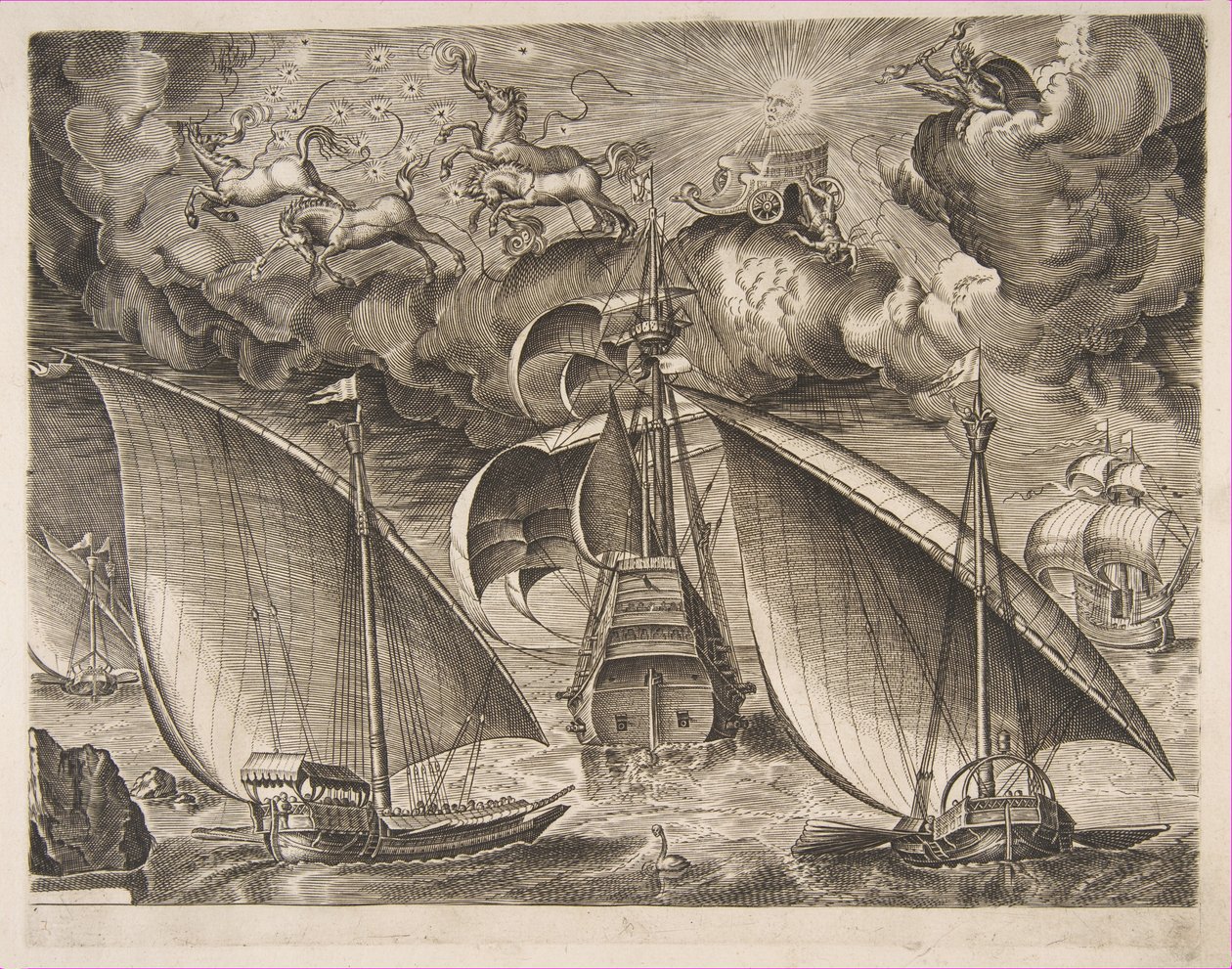 Due galee che navigano dietro un tre-alberi armato con Fetonte e Giove nel cielo da Frans Huys