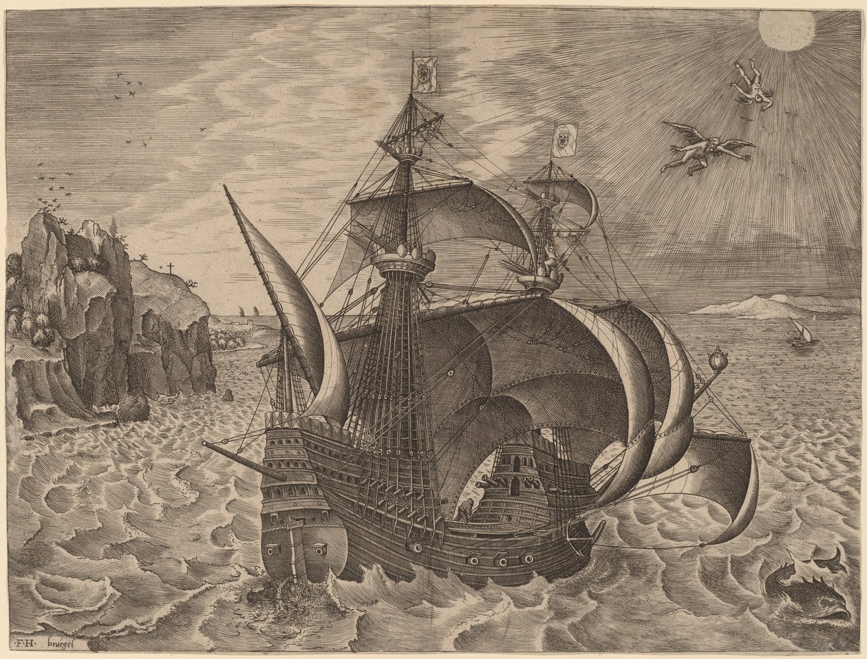 Tre alberi armati con Dedalo e Icaro nel cielo da Frans Huys after Pieter Bruegel the Elder