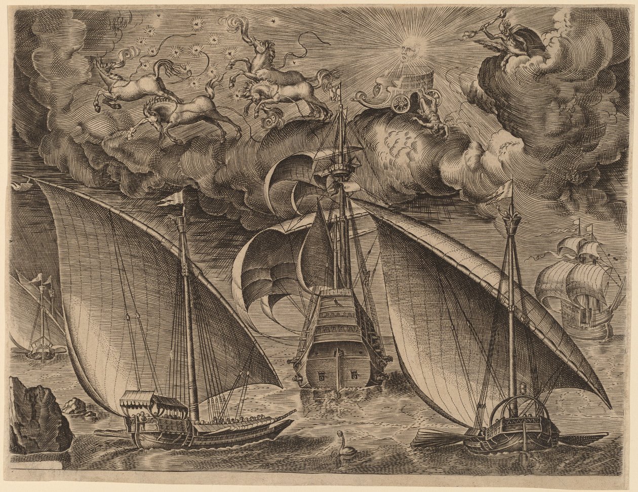 Due galee dietro un tre-alberi armato con Fetonte e Giove nel cielo da Frans Huys after Pieter Bruegel the Elder