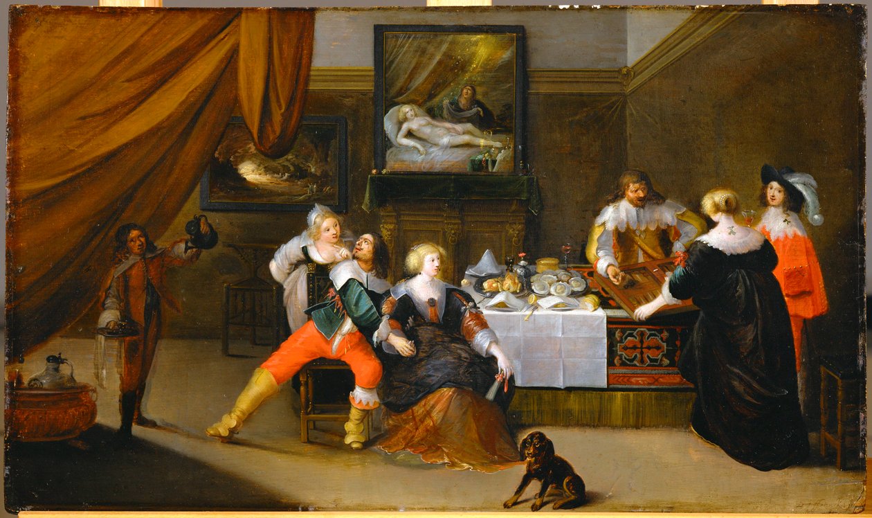 Scena di società, una foto di Danae sulla parete posteriore (dipinto su legno di quercia) da Frans III Francken