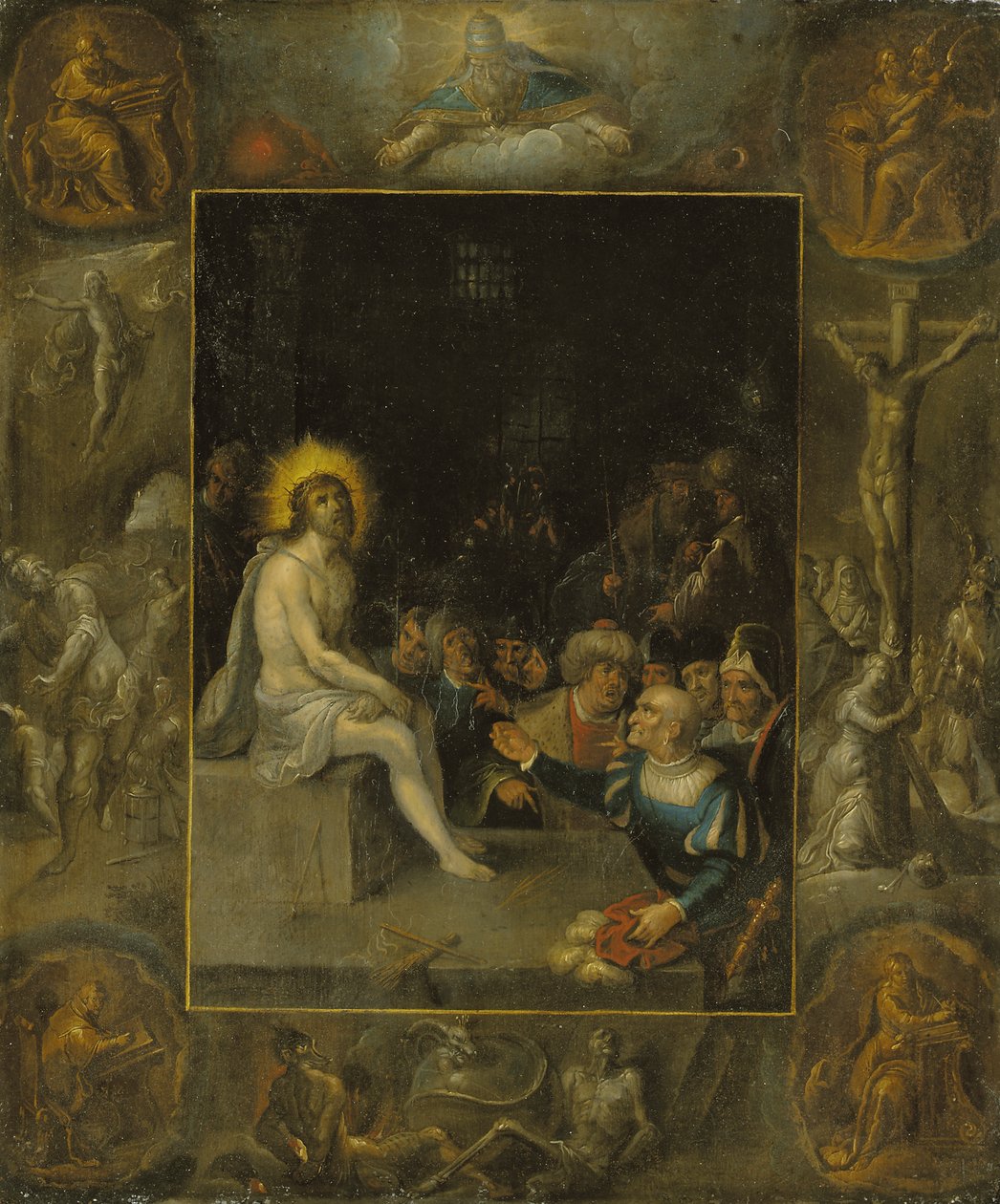 La derisione di Cristo, in una cornice grisaille che raffigura Dio Padre, gli Evangelisti, la Crocifissione, la Resurrezione e il Diavolo e la Morte con il Serpente Incoronato da Frans II the Younger Francken