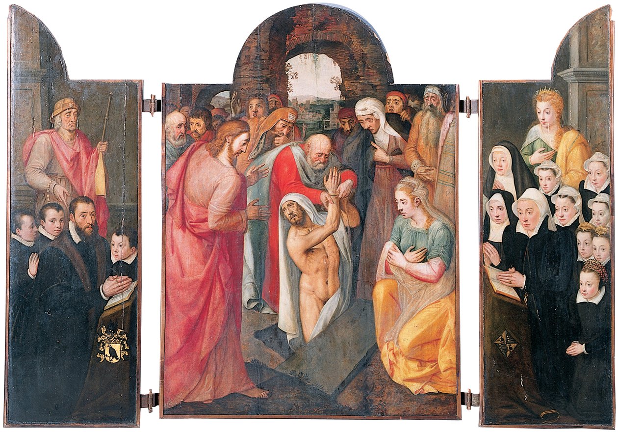 Trittico: la resurrezione di Lazzaro nel comparto centrale con un donatore maschio inginocchiato, presentato da San Giacomo e i suoi figli sull