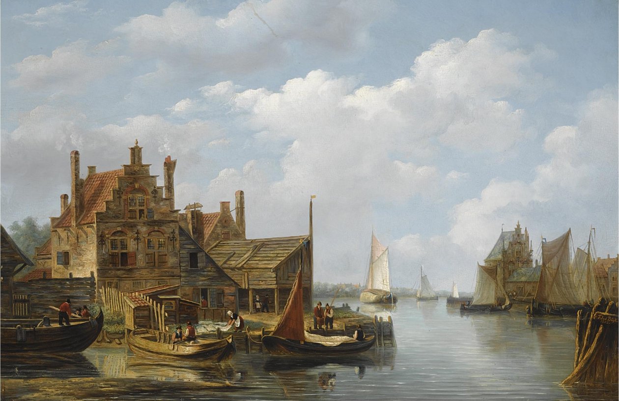 Una vista di un villaggio sul fiume da Frans Jacobus van den Blijk