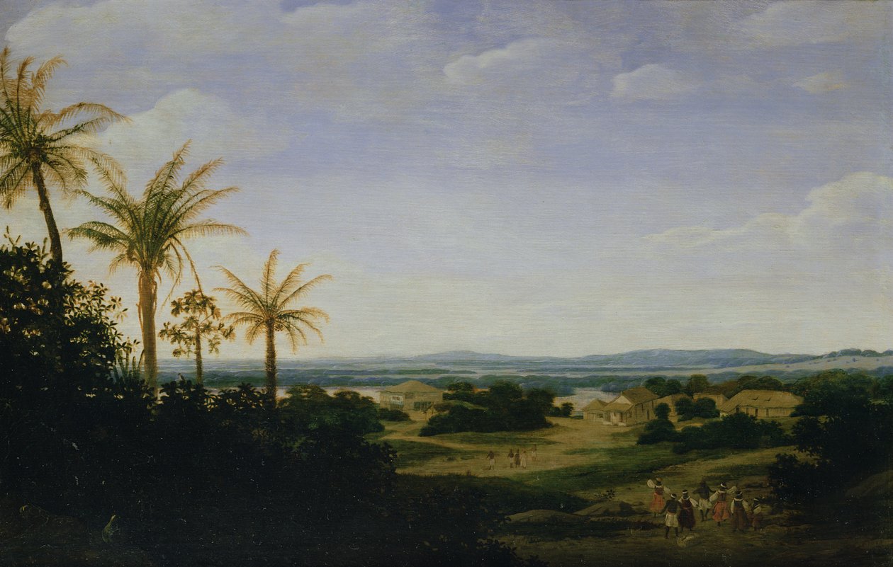 Paesaggio brasiliano con la residenza portoghese, la chiesa e la Casa Granda, il fiume Varzea oltre da Frans Post