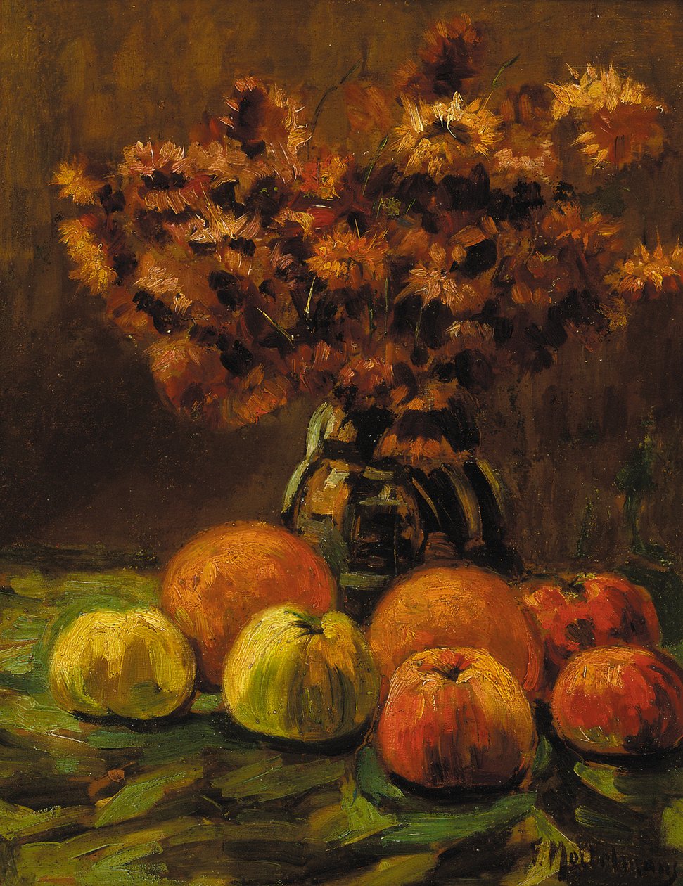 Mele, arance e un vaso di fiori su un tavolo da Frans Mortelmans