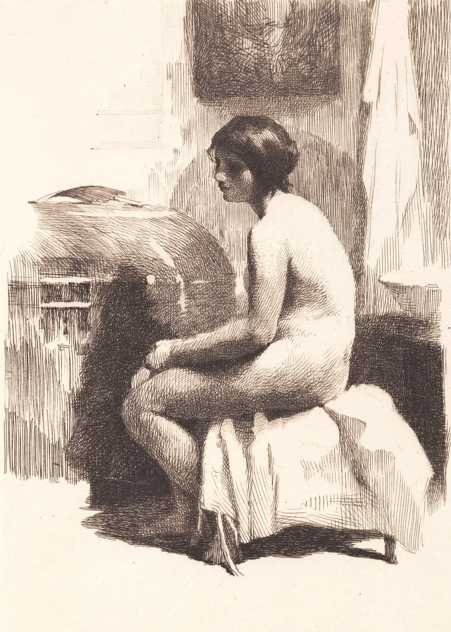 Modella femminile nuda, seduta in una stanza da Frans Schwartz