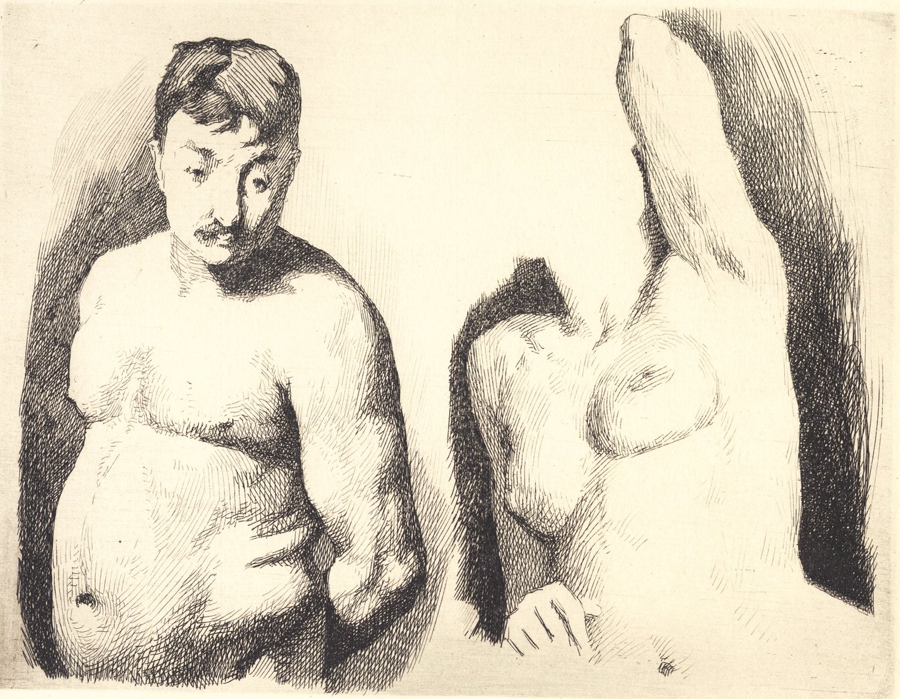 Tavola di prova con due studi di modelli nudi maschili e femminili a mezzobusto da Frans Schwartz