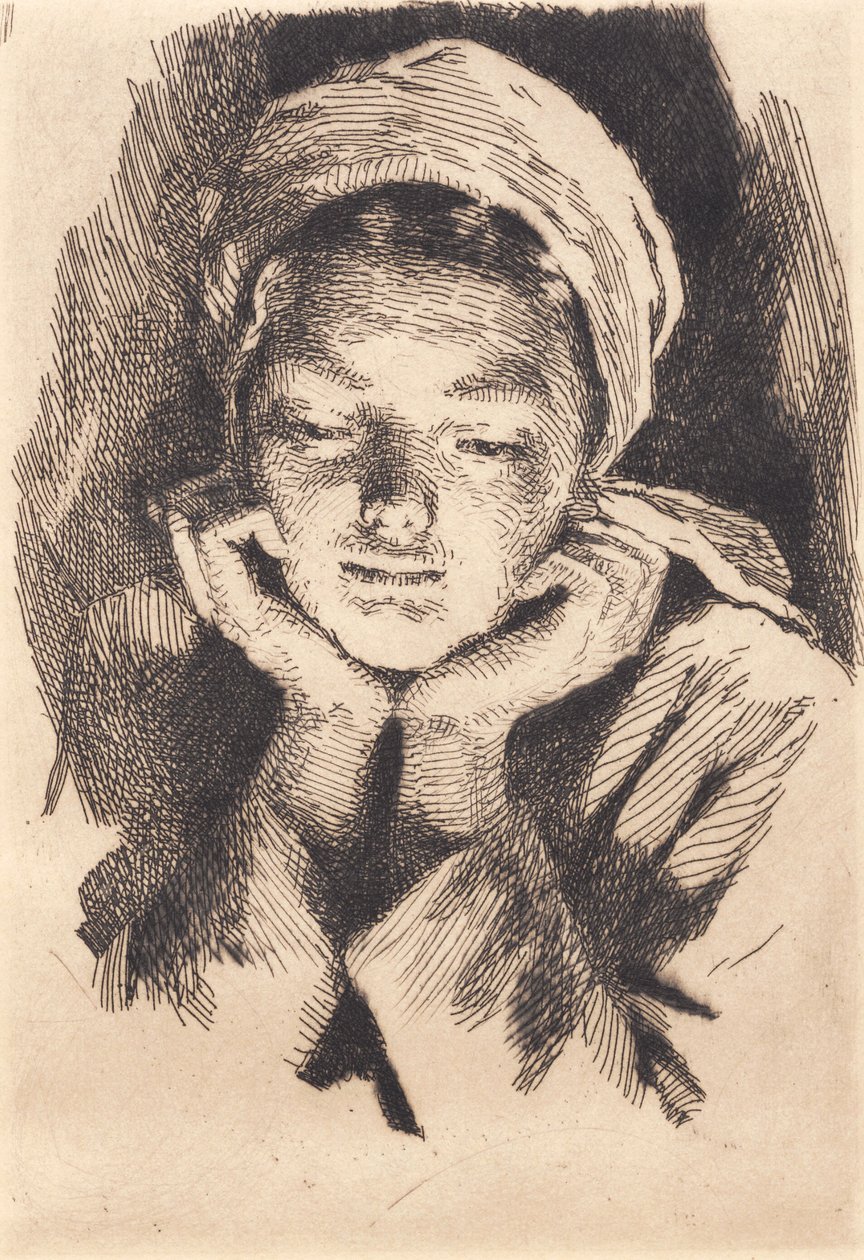 Giovane donna con cappello, di fronte, appoggiando la testa sulle mani. Mezzobusto da Frans Schwartz