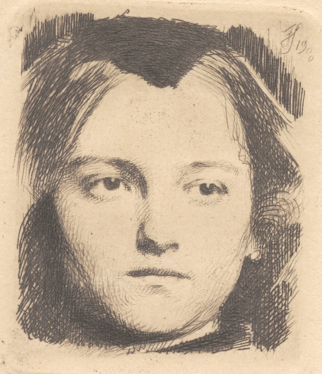 Testa di giovane donna, di fronte, con colletto. Prova di stampa da Frans Schwartz