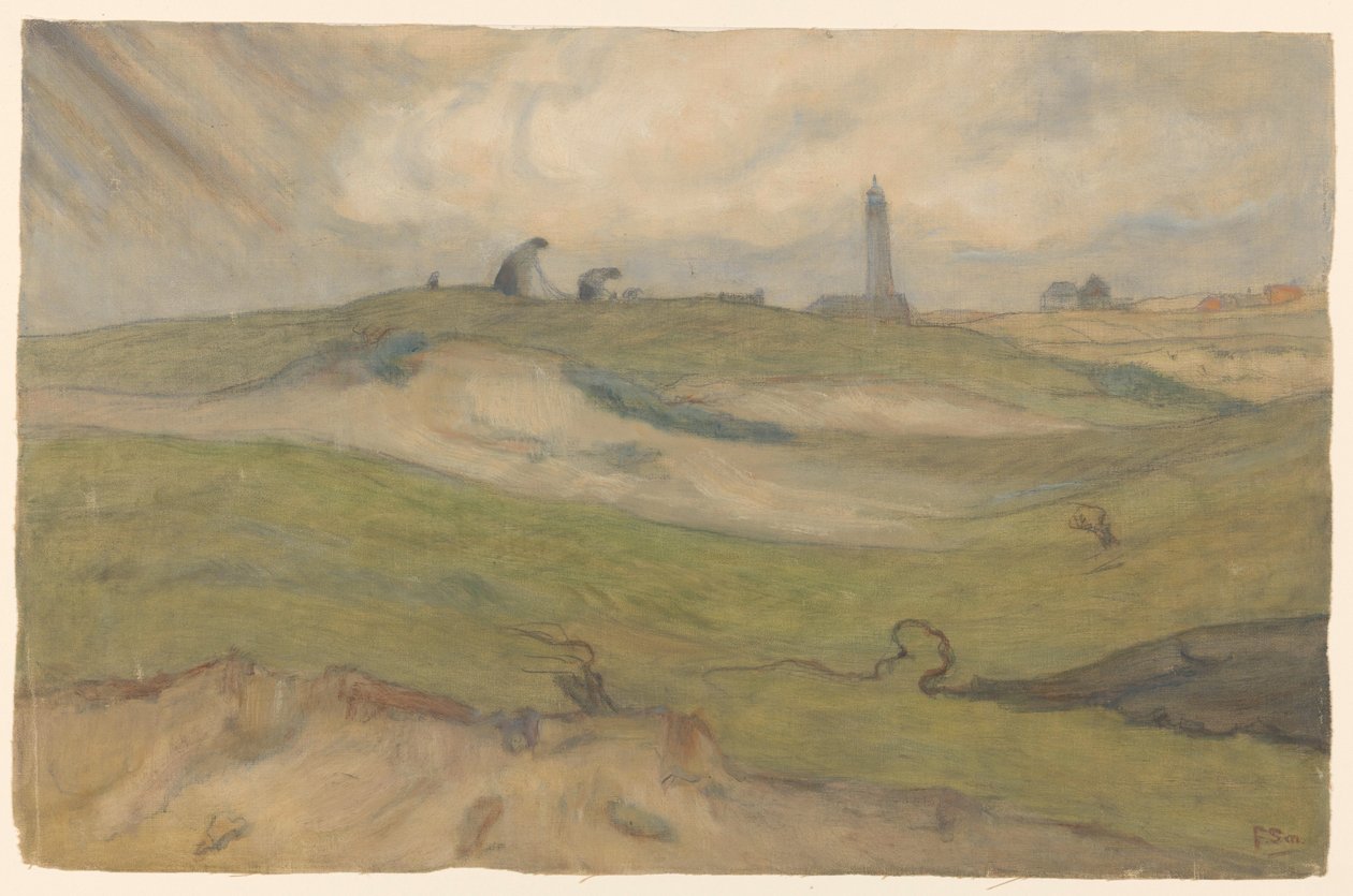 Paesaggio dunale con faro e riparatori di reti da Frans Alexander Evert Lodewijk Smissaert