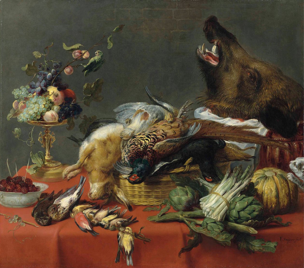 Tavola imbandita con selvaggina, frutta, verdura e testa di cinghiale da Frans Snyders