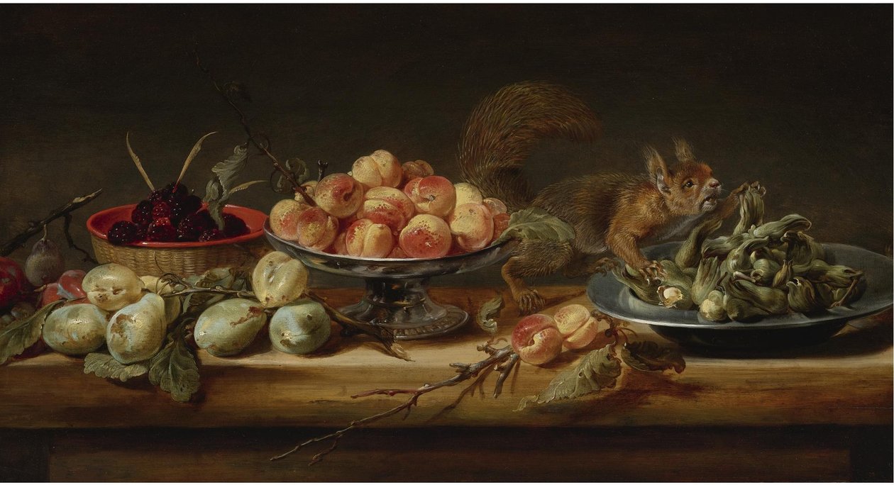 Natura morta con pesche in una tazza, nocciole su un piatto di peltro, lamponi in un cestino, con pere e uno scoiattolo su un tavolo
olio su pannello da Frans Snyders