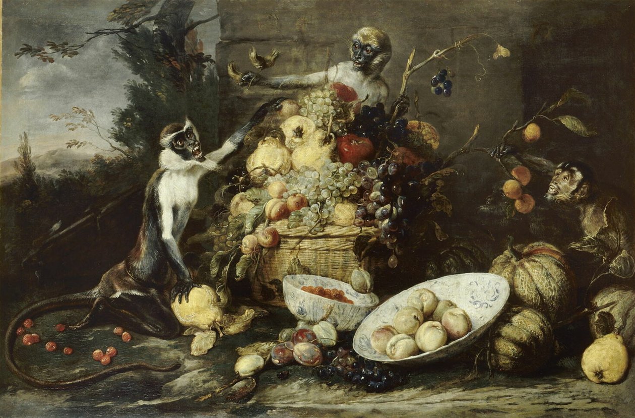 Tre scimmie che rubano frutta, con vista su un paesaggio da Frans Snyders