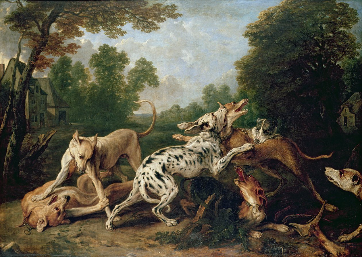 Cani che combattono in una radura boschiva da Frans Snyders or Snijders