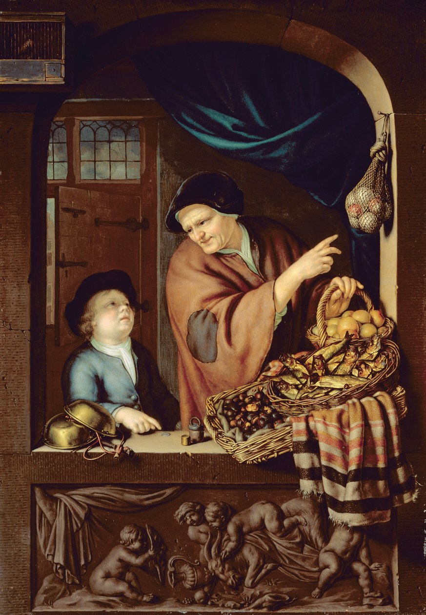 Il venditore di castagne e aringhe, 1722 da Frans van Mieris