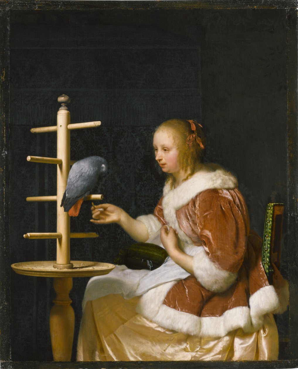Giovane donna che nutre un pappagallo, 1663 da Frans van Mieris the Elder