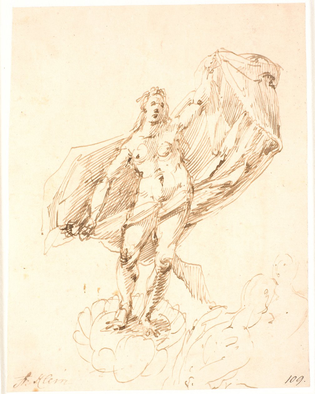 Donna che con un grande gesto dispiega un drappo dietro di sé. In basso a destra schizzo di due ignudi da Frantz Cleyn