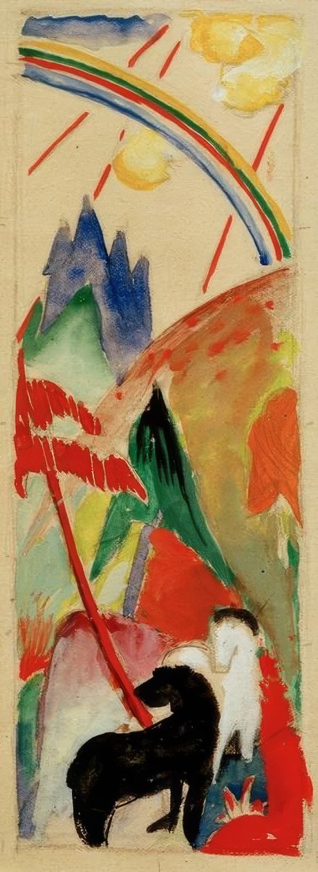 Cavallo nero e bianco in paesaggio montano con arcobaleno da Franz Marc