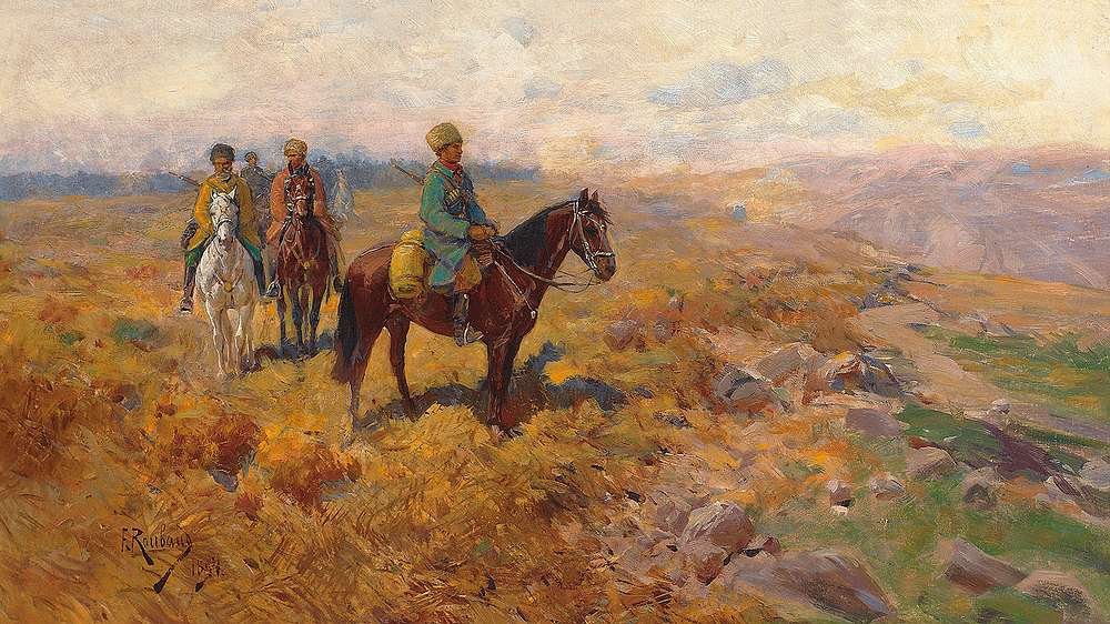 Cavalieri caucasici armati in pattuglia da Franz Roubaud