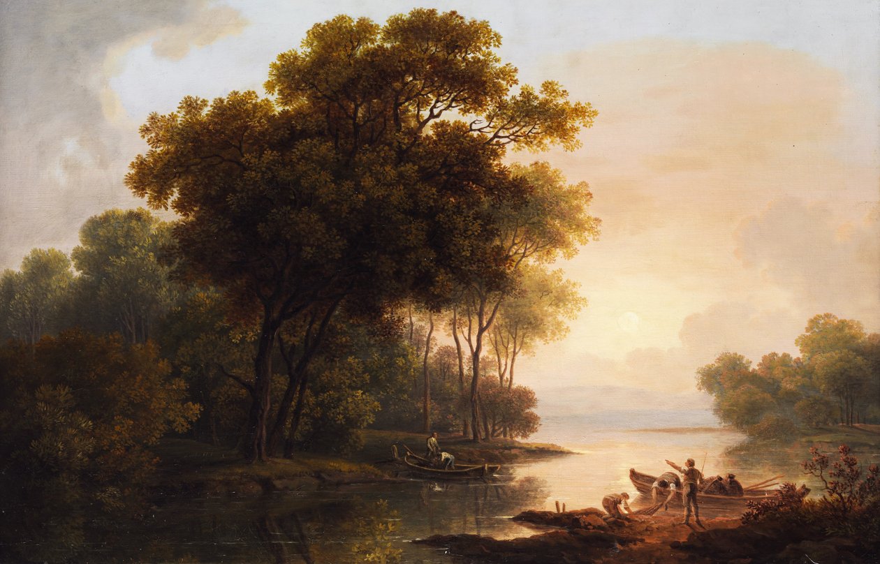 Paesaggio alberato con vista su una riva del lago in luce crepuscolare da Franz Scheyerer