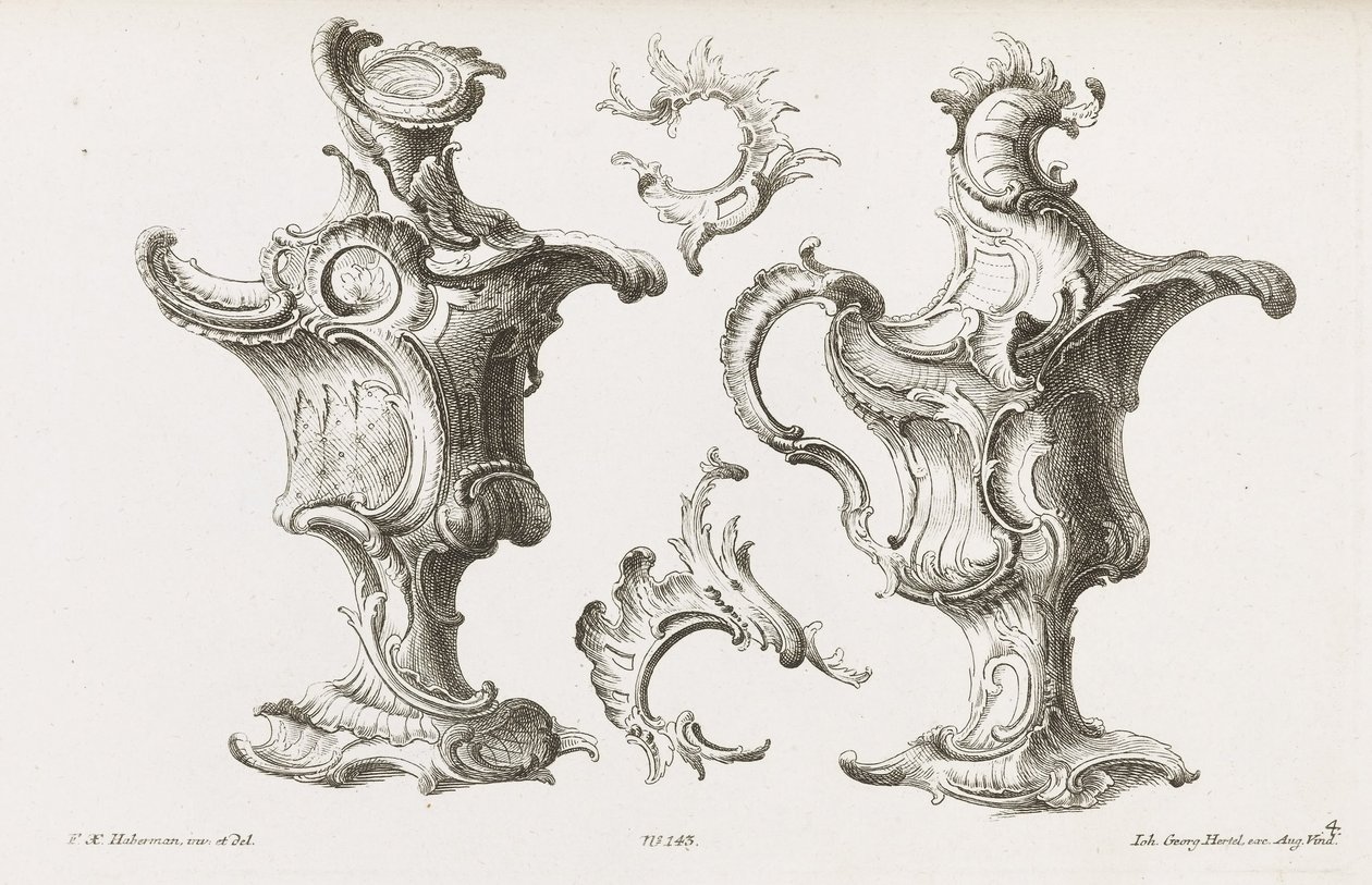 Due disegni per ornamenti a forma di brocca da Franz Xaver Habermann