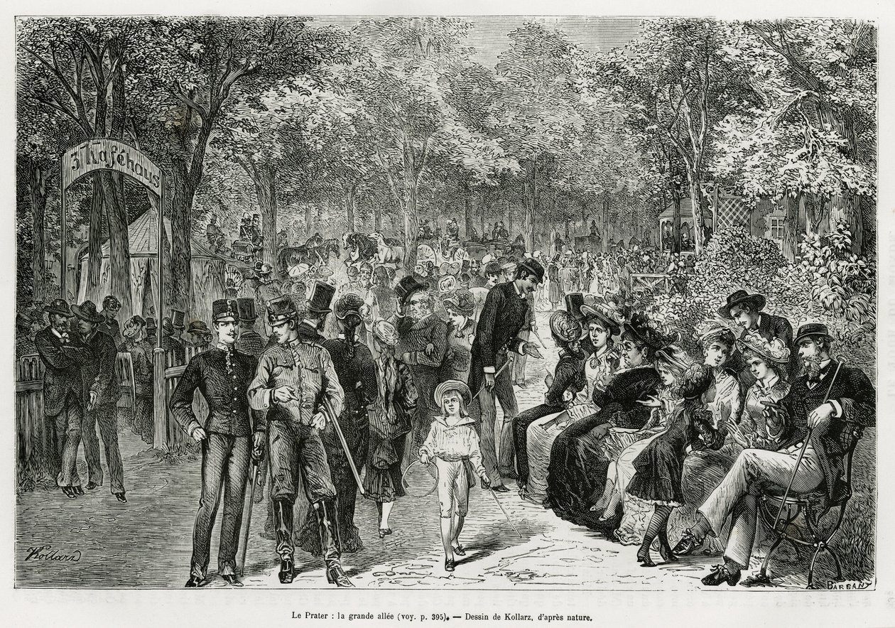 Il Prater: il grande viale. Incisione di Kollarz, per illustrare la storia Vienna e i suoi sobborghi, di M. Newlinski, nel 1881, pubblicato in Le tour du monde, sotto la direzione di Edouard Charton (1807-1890) da Franz (after) Kollarz