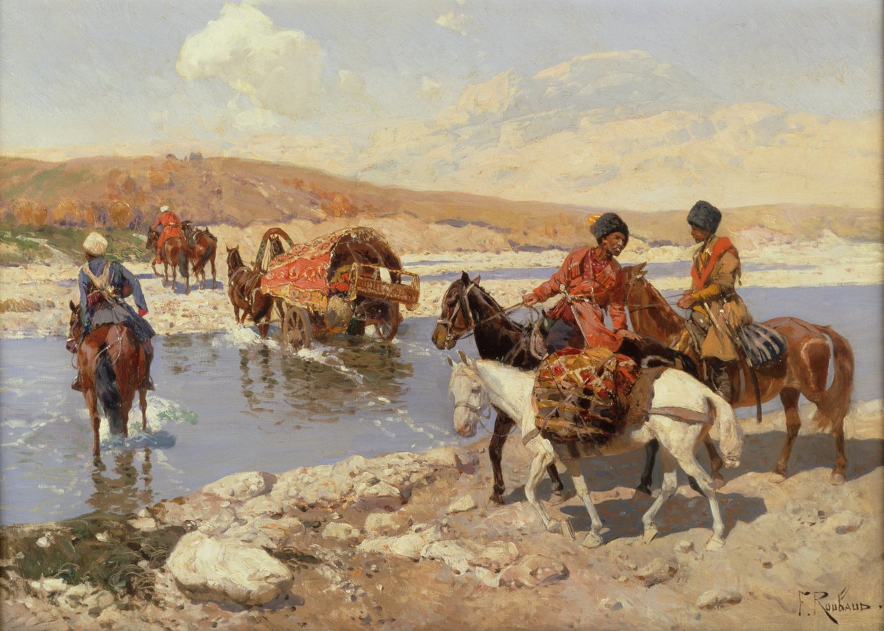 Attraversamento del fiume (olio su tela) da Franz Alekseevich Roubaud