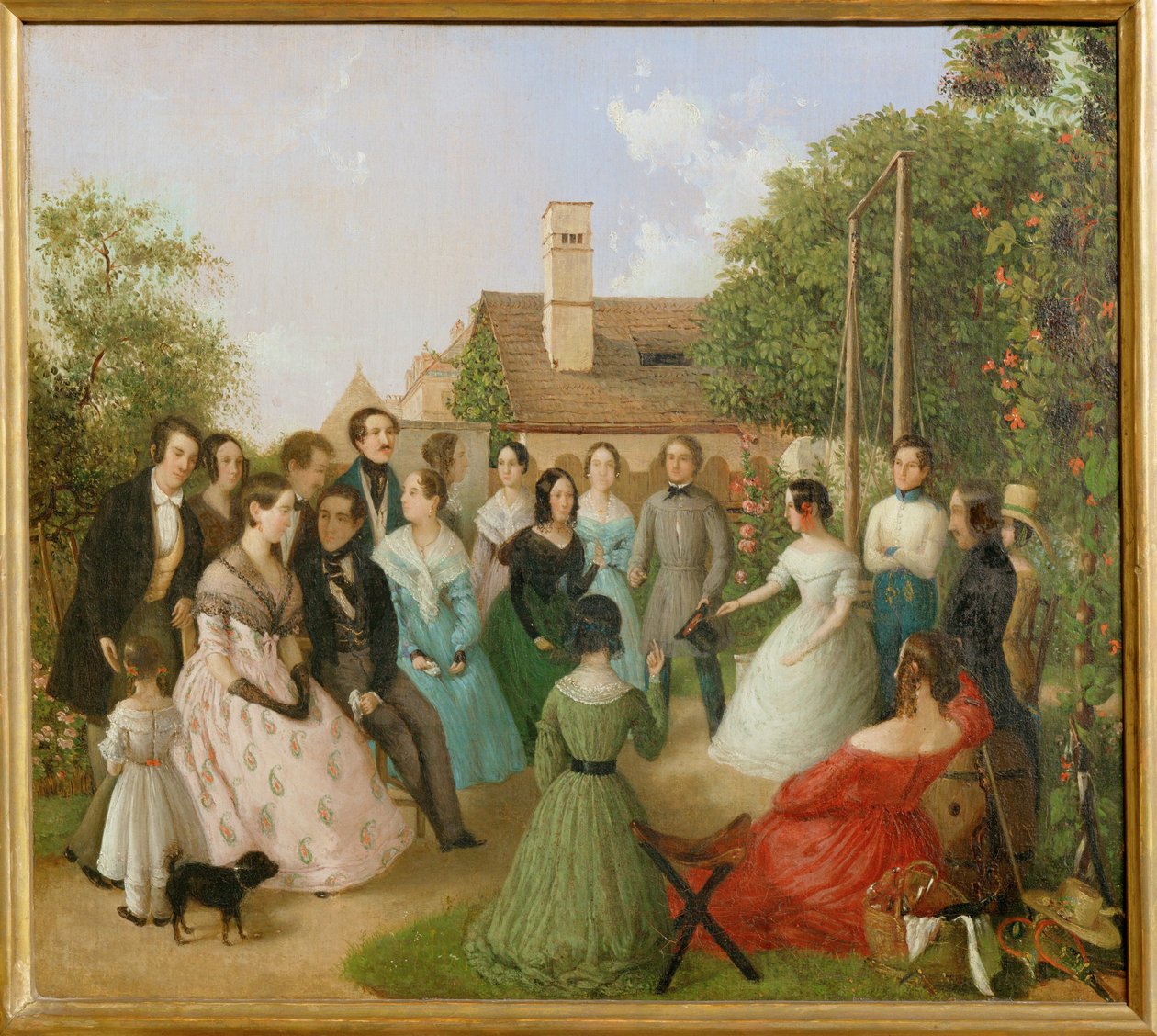 Pfaenderspiele der Familienmitglieder Alt im Garten - Gioco a premi nel giardino della famiglia Alt ... (dipinto su tela) da Franz Alt