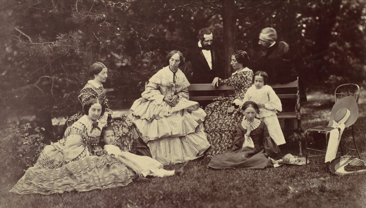 [Ritratto di gruppo di quattro donne, due uomini e tre bambini in un giardino], 1850-60 da Franz Antoine