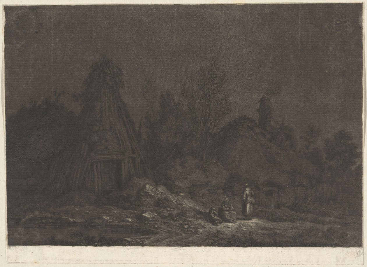 Scena al chiaro di luna con figure davanti a una capanna da Franz Edmund Weirotter