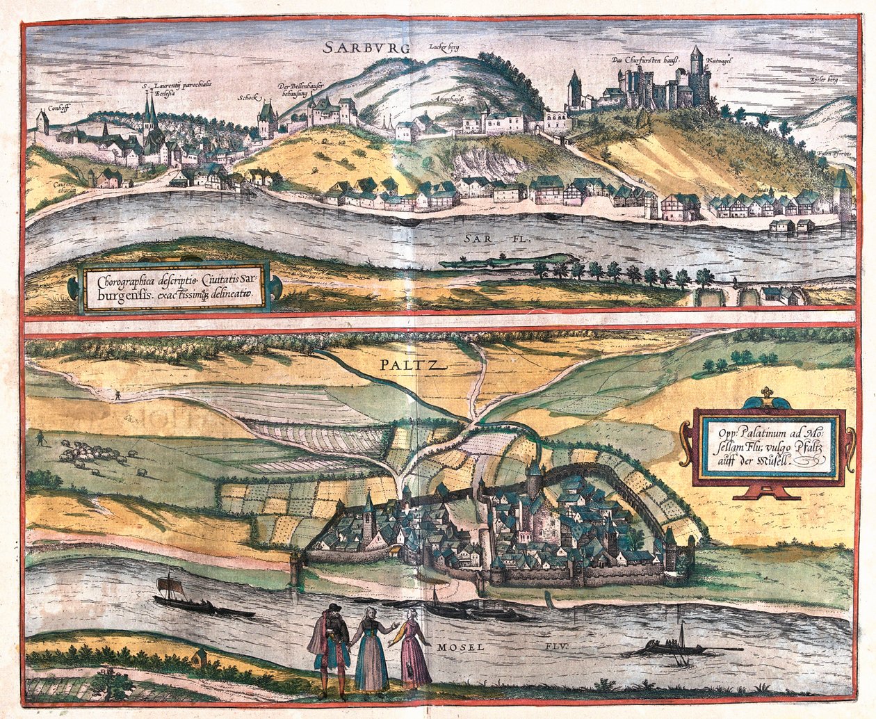 Veduta accurata della città di Saarburg e della città di Pfaltz an der Mosel, Germania (incisione) da Franz Hogenberg